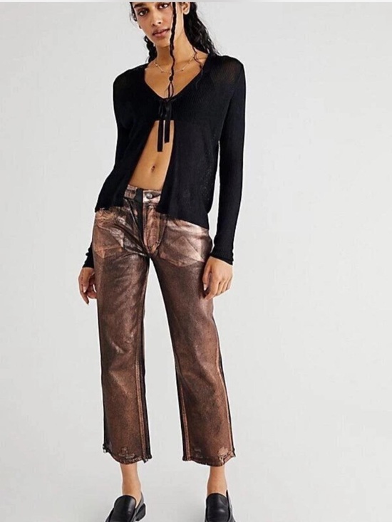 Free People Denim - Free People Maggie Metallic Coated Jeans Copper Bronze Raw Hem 25